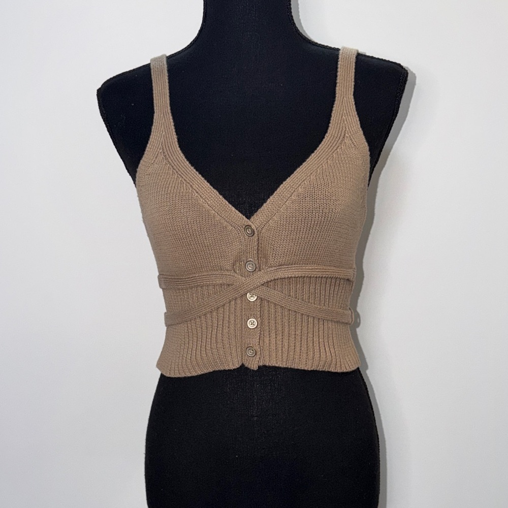 Pilcro Tan Knit Button-Up Crop Top